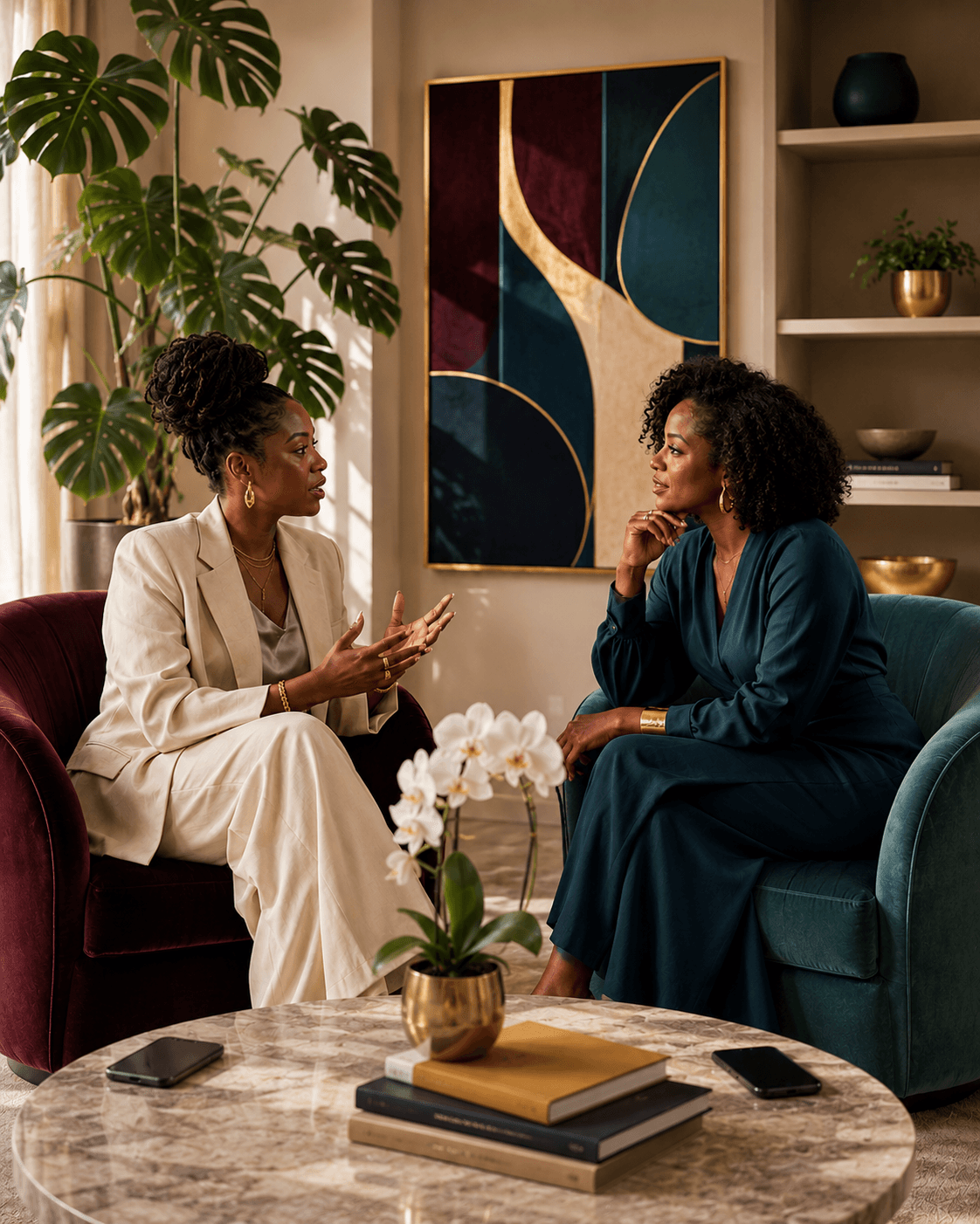 Two Black women in professional attire mid-conversation in a modern velvet-and-marble lounge.