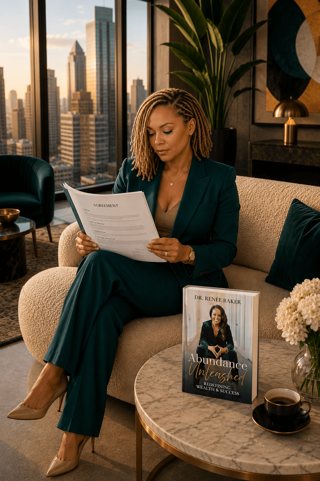 A Black woman expert reviewing a financial proposal in a modern architectural sky-deck lounge with city skyline.