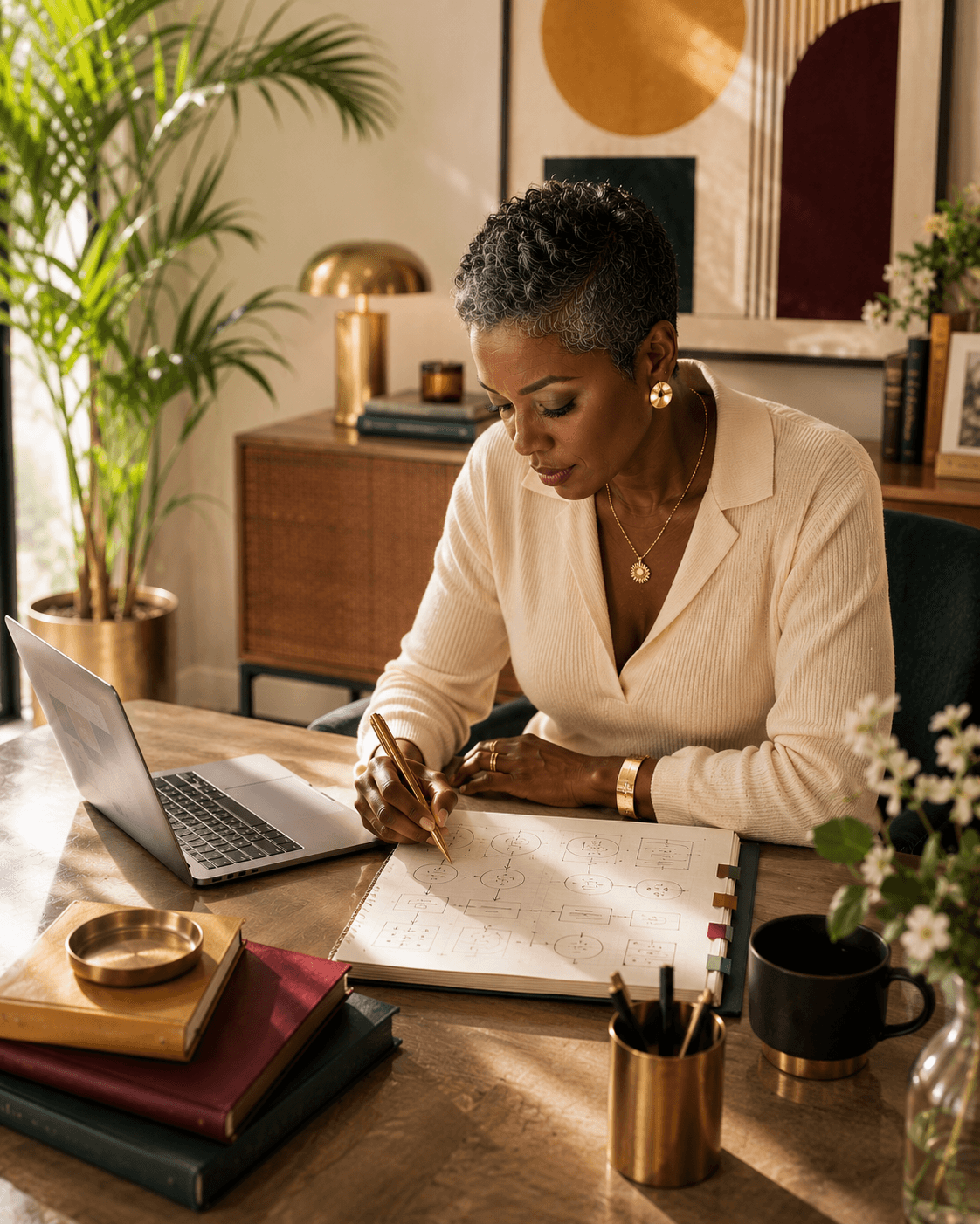 A Black woman expert sketching a framework at her desk, laptop open beside her in a warm modern study.